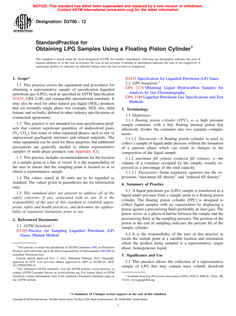 ASTM D3700-12 - Standard Practice for Obtaining LPG Samples Using a Floating Piston Cylinder