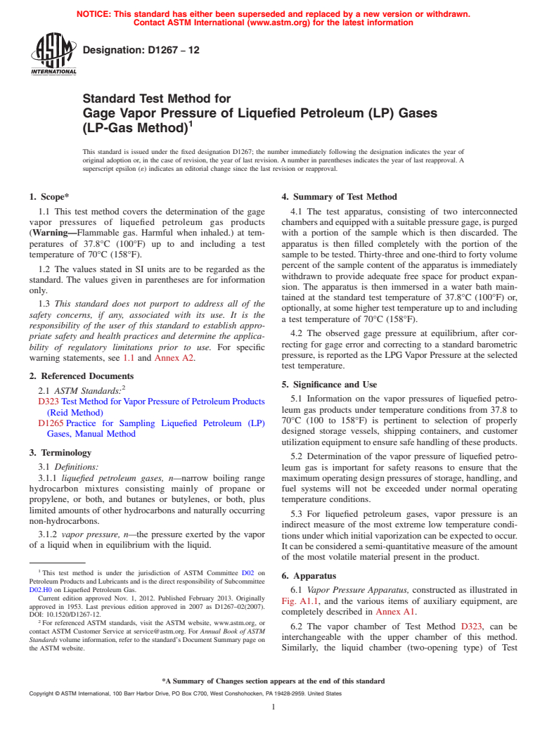 ASTM D1267-12 - Standard Test Method for Gage Vapor Pressure of Liquefied Petroleum (LP) Gases (LP-Gas  Method)