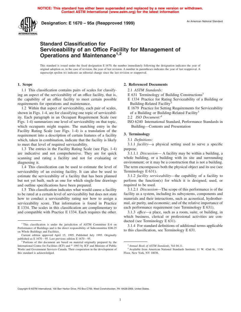 ASTM E1670-95a(1999) - Standard Classification for Serviceability of an Office Facility for Management of Operations and Maintenance