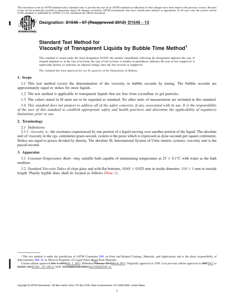 REDLINE ASTM D1545-13 - Standard Test Method for Viscosity of Transparent Liquids by Bubble Time Method