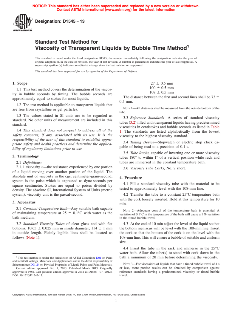 ASTM D1545-13 - Standard Test Method for Viscosity of Transparent Liquids by Bubble Time Method