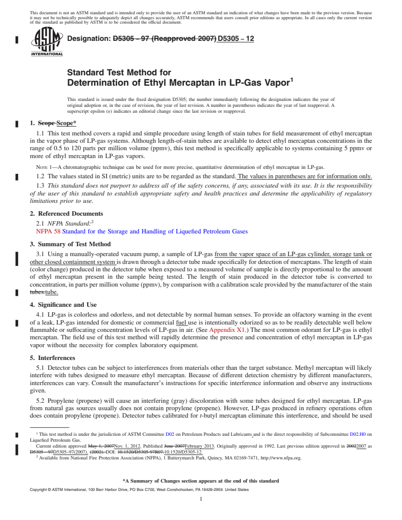 REDLINE ASTM D5305-12 - Standard Test Method for Determination of Ethyl Mercaptan in LP-Gas Vapor