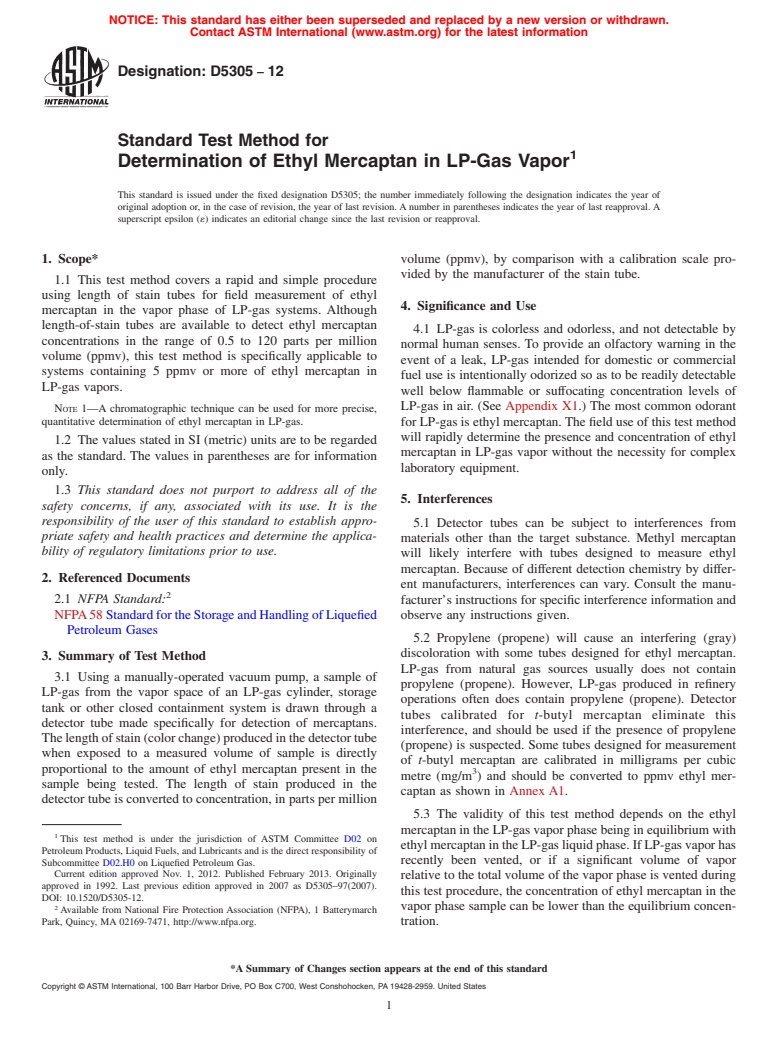 ASTM D5305-12 - Standard Test Method for Determination of Ethyl Mercaptan in LP-Gas Vapor