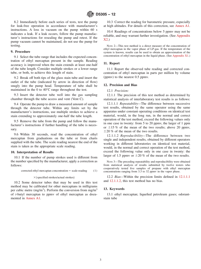 ASTM D5305-12 - Standard Test Method for Determination of Ethyl Mercaptan in LP-Gas Vapor