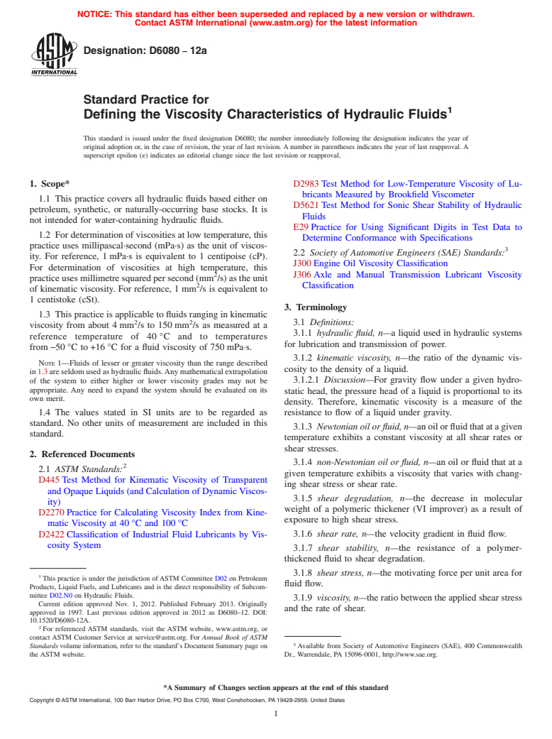 ASTM D6080-12a - Standard Practice for Defining the Viscosity Characteristics of Hydraulic Fluids