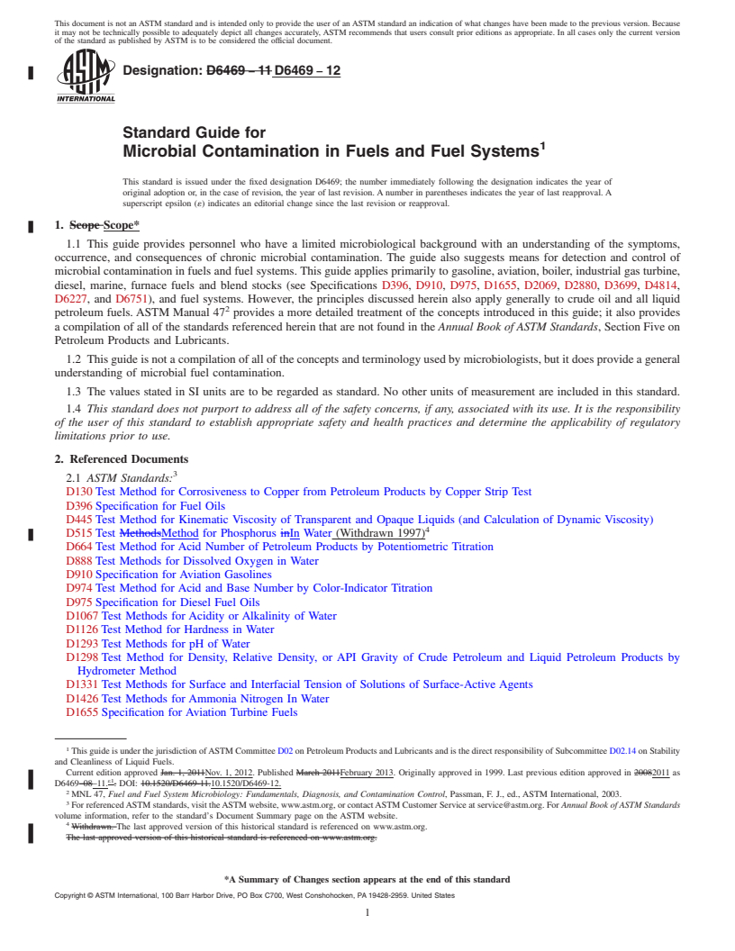 REDLINE ASTM D6469-12 - Standard Guide for Microbial Contamination in Fuels and Fuel Systems