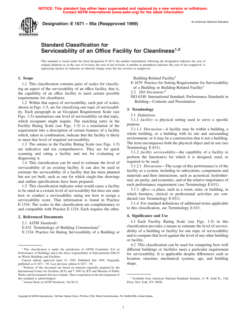 ASTM E1671-95a(1999) - Standard Classification for Serviceability of an Office Facility for Cleanliness