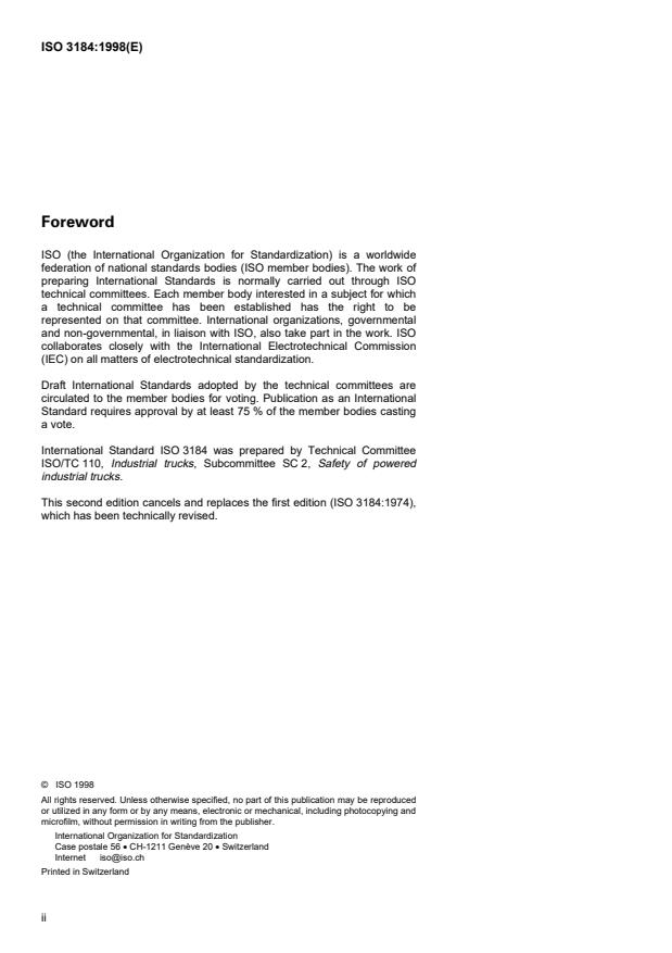 ISO 3184:1998 ISO 3184:1998 - Reach and straddle fork-lift trucks -- Stability tests - Page 2 preview