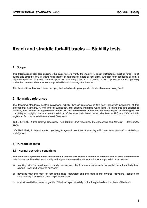 ISO 3184:1998 - Reach and straddle fork-lift trucks -- Stability tests