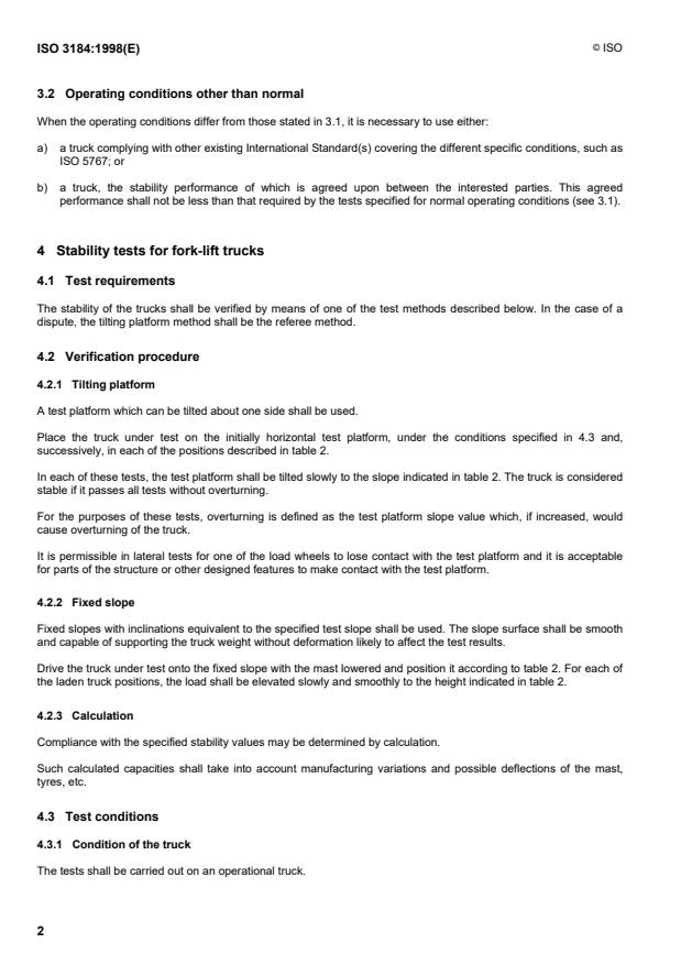 ISO 3184:1998 ISO 3184:1998 - Reach and straddle fork-lift trucks -- Stability tests - Page 4 preview