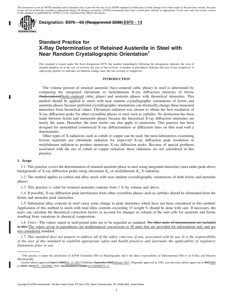 REDLINE ASTM E975-13 - Standard Practice for  X-Ray Determination of Retained Austenite in Steel with Near  Random Crystallographic Orientation (Withdrawn 2022)