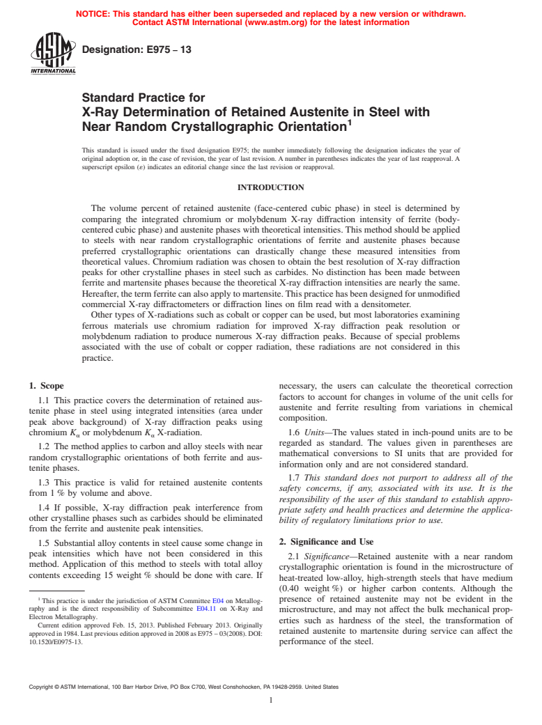 ASTM E975-13 - Standard Practice for  X-Ray Determination of Retained Austenite in Steel with Near  Random Crystallographic Orientation (Withdrawn 2022)