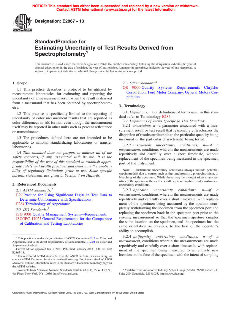 ASTM E2867-13 - Standard Practice for Estimating Uncertainty of Test Results Derived from Spectrophotometry