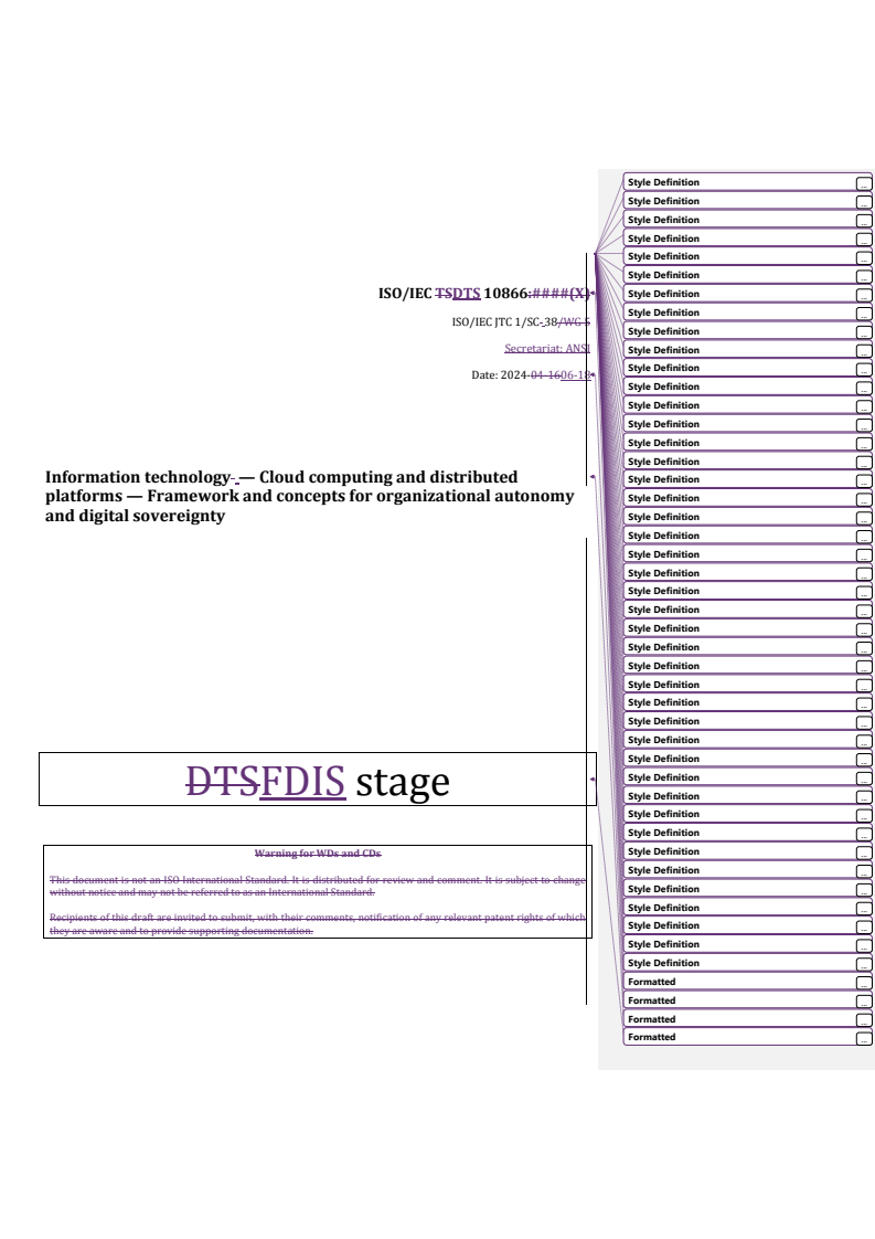 REDLINE ISO/IEC DTS 10866 - Information technology — Cloud computing and distributed platforms — Framework and concepts for organizational autonomy and digital sovereignty
Released:18. 06. 2024