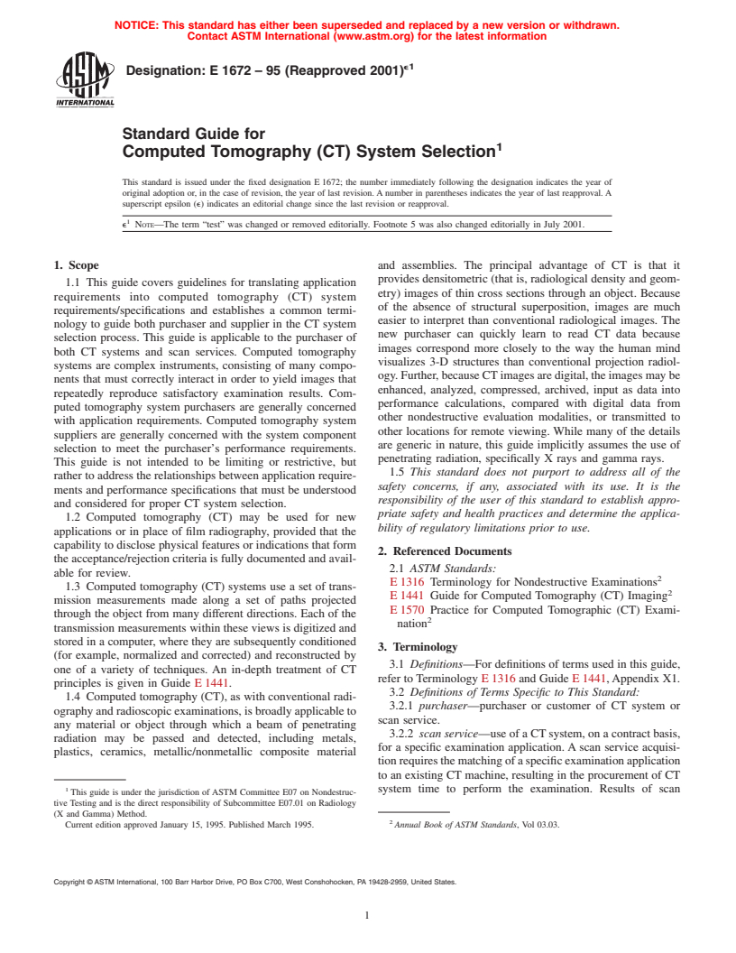 ASTM E1672-95(2001)e1 - Standard Guide for Computed Tomography (CT) System Selection