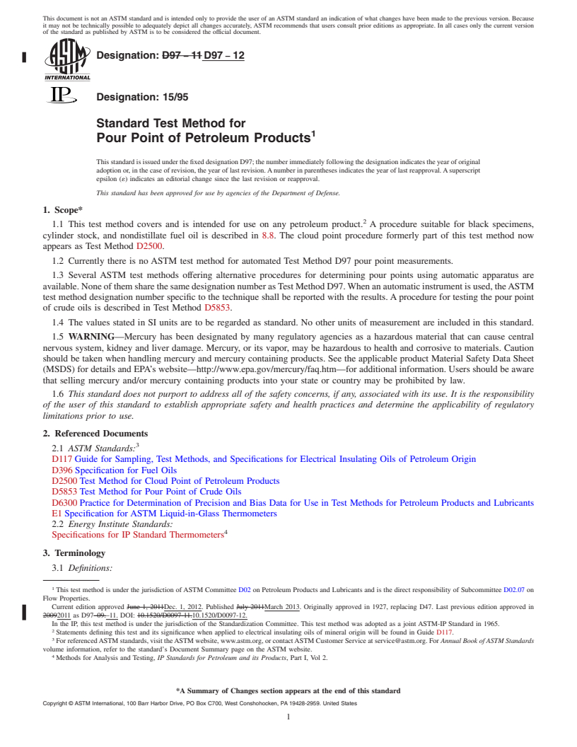 REDLINE ASTM D97-12 - Standard Test Method for Pour Point of Petroleum Products