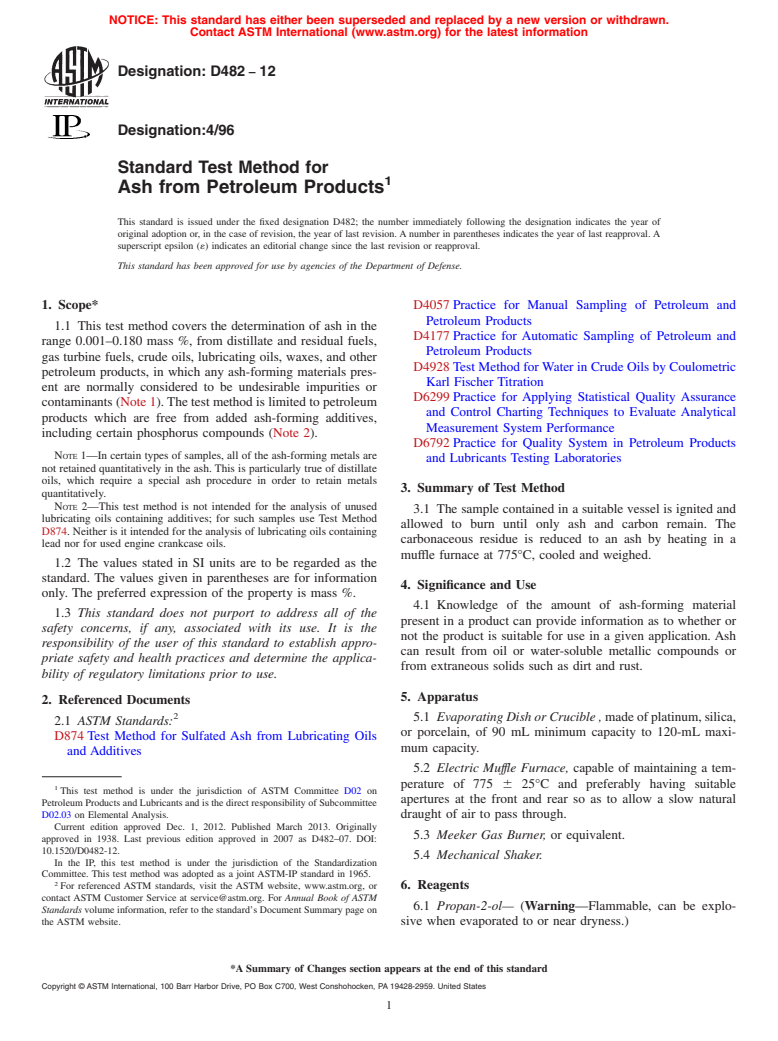 ASTM D482-12 - Standard Test Method for Ash from Petroleum Products