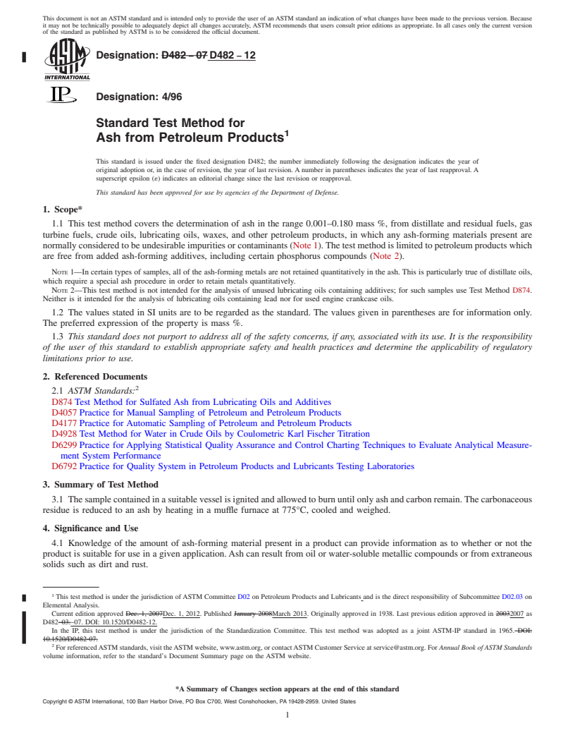 REDLINE ASTM D482-12 - Standard Test Method for Ash from Petroleum Products