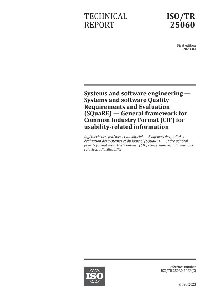 ISO/TR 25060:2023 - Systems and software engineering — Systems and software Quality Requirements and Evaluation (SQuaRE) — General framework for Common Industry Format (CIF) for usability-related information
Released:6. 04. 2023