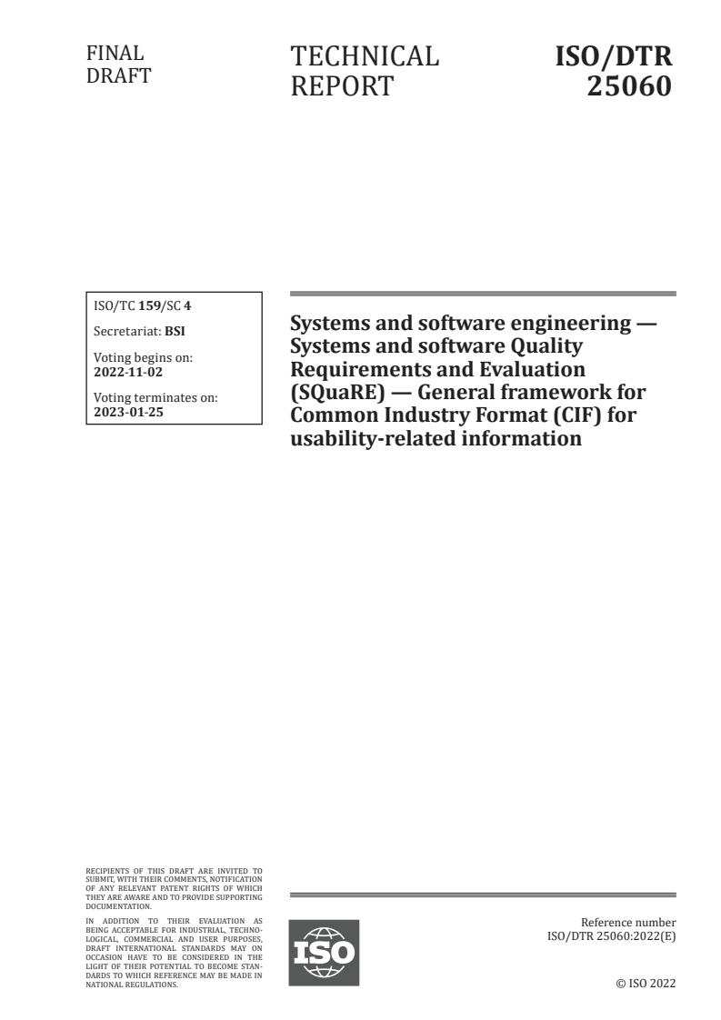 ISO/DTR 25060 - Systems and software engineering — Systems and software Quality Requirements and Evaluation (SQuaRE) — General framework for Common Industry Format (CIF) for usability-related information
Released:19. 10. 2022