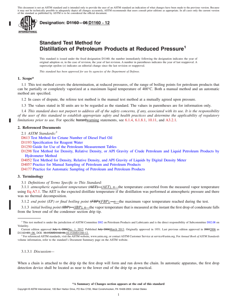 REDLINE ASTM D1160-12 - Standard Test Method for Distillation of Petroleum Products at Reduced Pressure