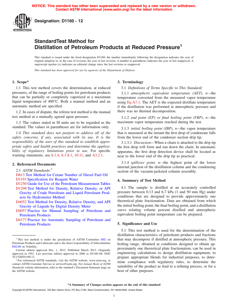 ASTM D1160-12 - Standard Test Method for Distillation of Petroleum Products at Reduced Pressure