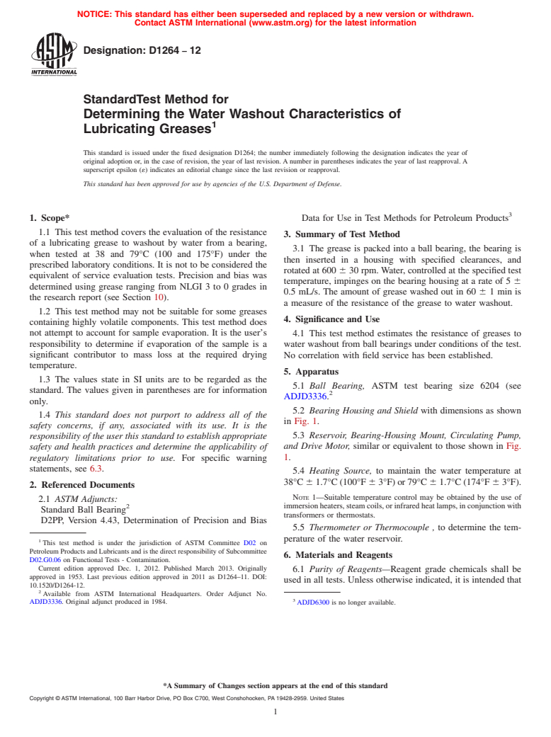 ASTM D1264-12 - Standard Test Method for Determining the Water Washout Characteristics of Lubricating   Greases