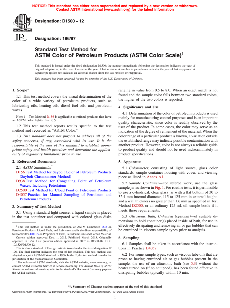ASTM D1500-12 - Standard Test Method for ASTM Color of Petroleum Products (ASTM Color Scale)