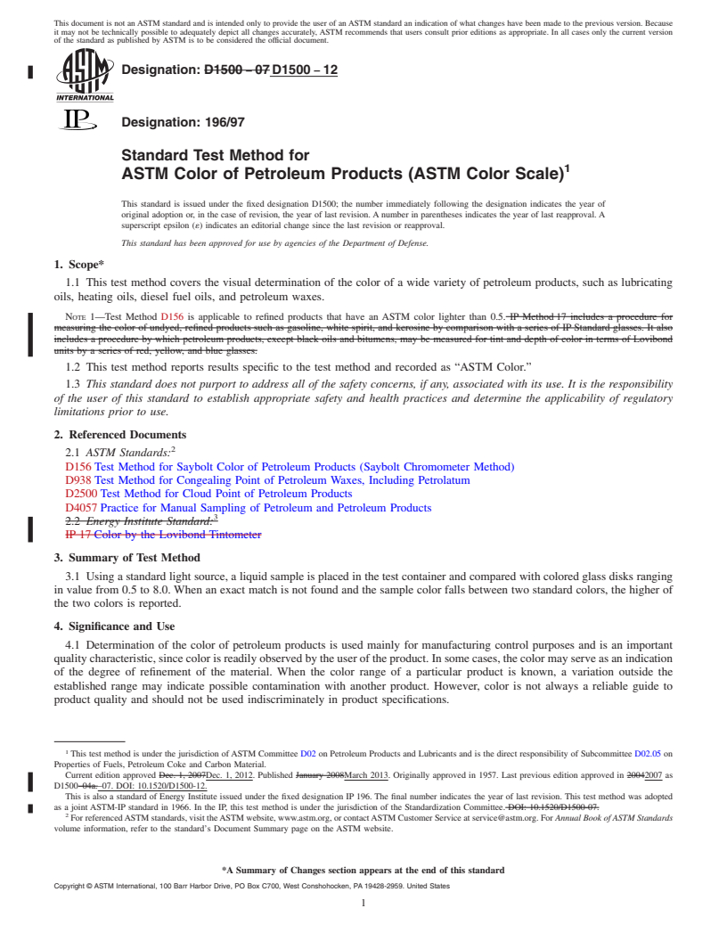 REDLINE ASTM D1500-12 - Standard Test Method for ASTM Color of Petroleum Products (ASTM Color Scale)