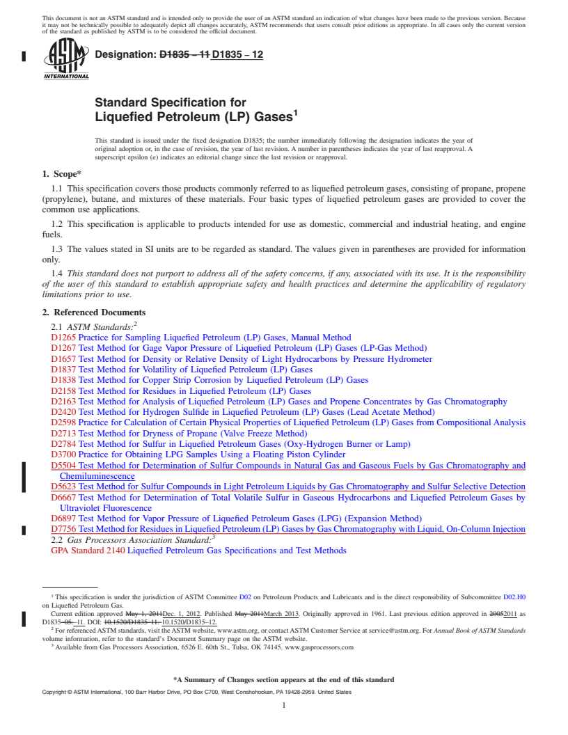 REDLINE ASTM D1835-12 - Standard Specification for Liquefied Petroleum (LP) Gases