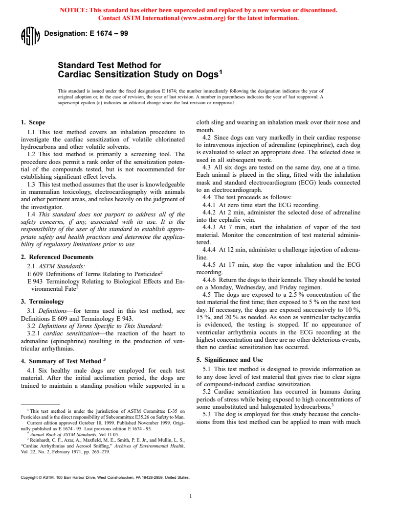 ASTM E1674-99 - Standard Test Method for Cardiac Sensitization Study on Dogs