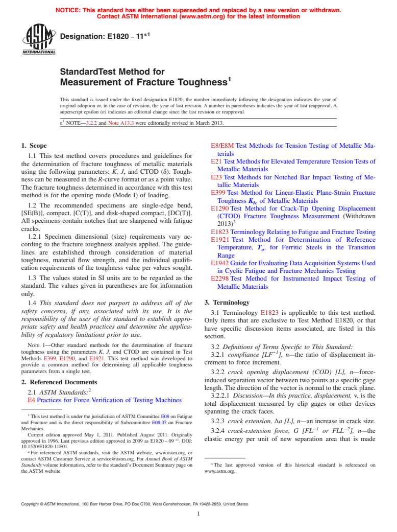 ASTM E1820-11e1 - Standard Test Method for  Measurement of Fracture Toughness
