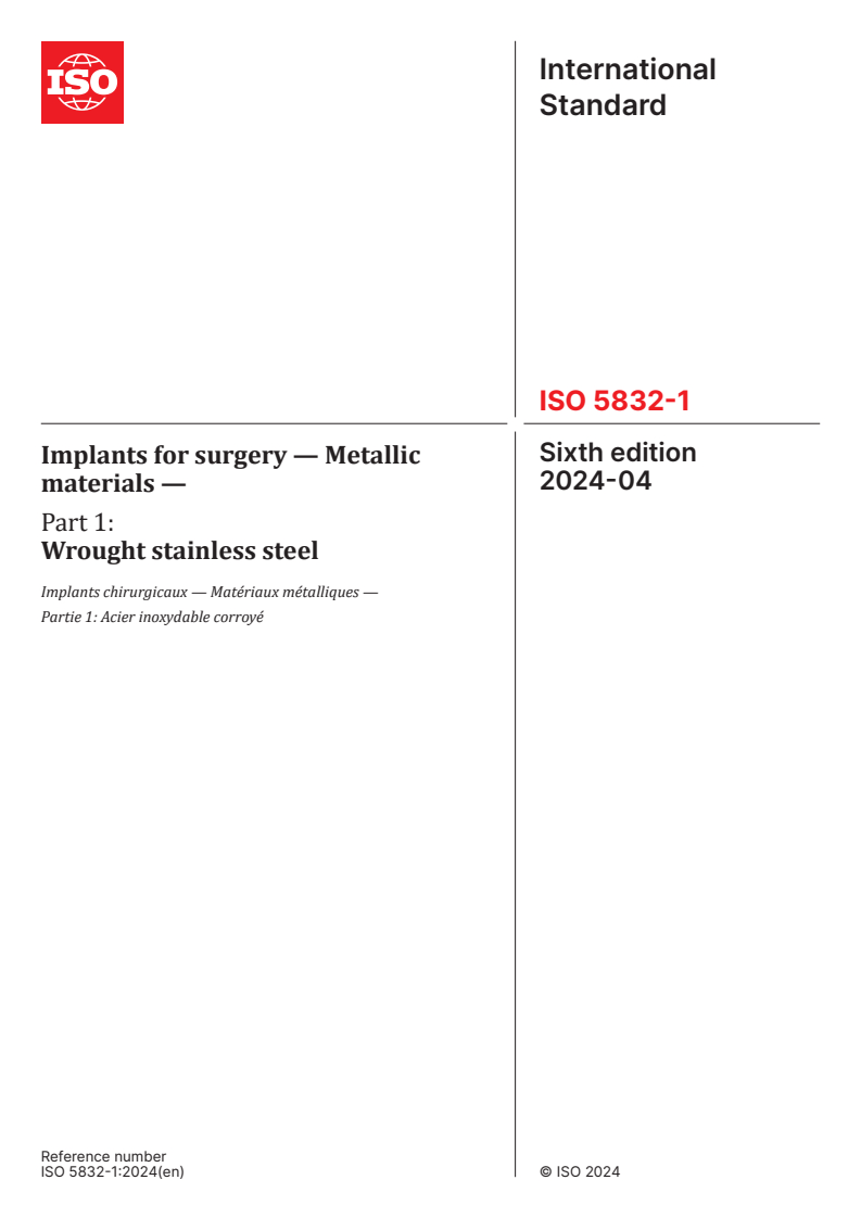 ISO 5832-1:2024 - Implants for surgery — Metallic materials — Part 1: Wrought stainless steel
Released:2. 04. 2024