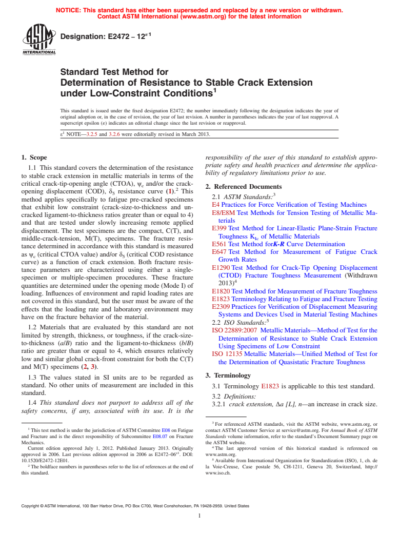 ASTM E2472-12e1 - Standard Test Method for  Determination of Resistance to Stable Crack Extension under  Low-Constraint Conditions