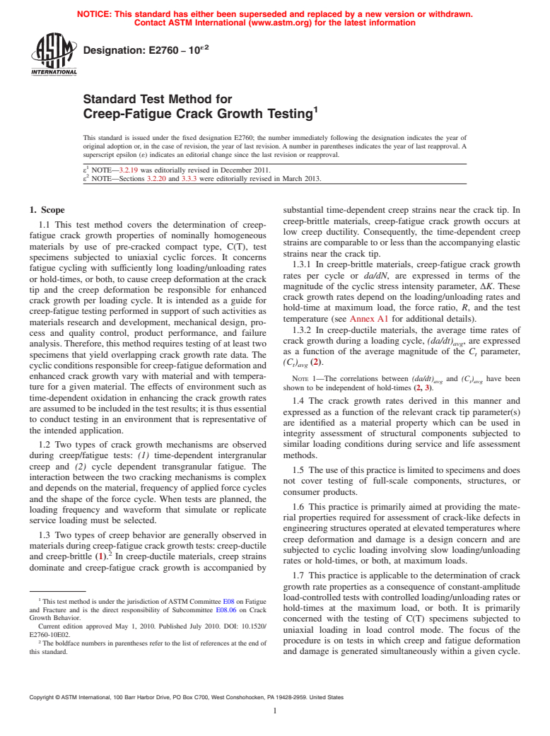ASTM E2760-10e2 - Standard Test Method for  Creep-Fatigue Crack Growth Testing