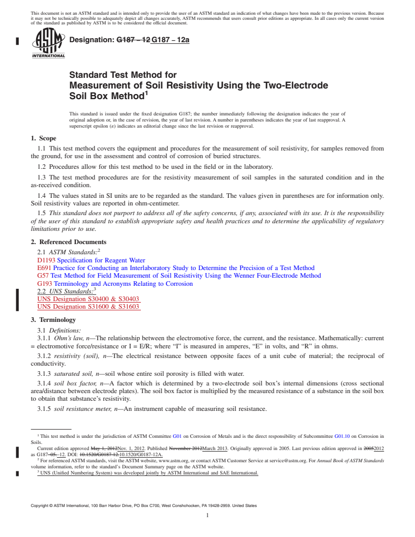 REDLINE ASTM G187-12a - Standard Test Method for Measurement of Soil Resistivity Using the Two-Electrode Soil  Box Method