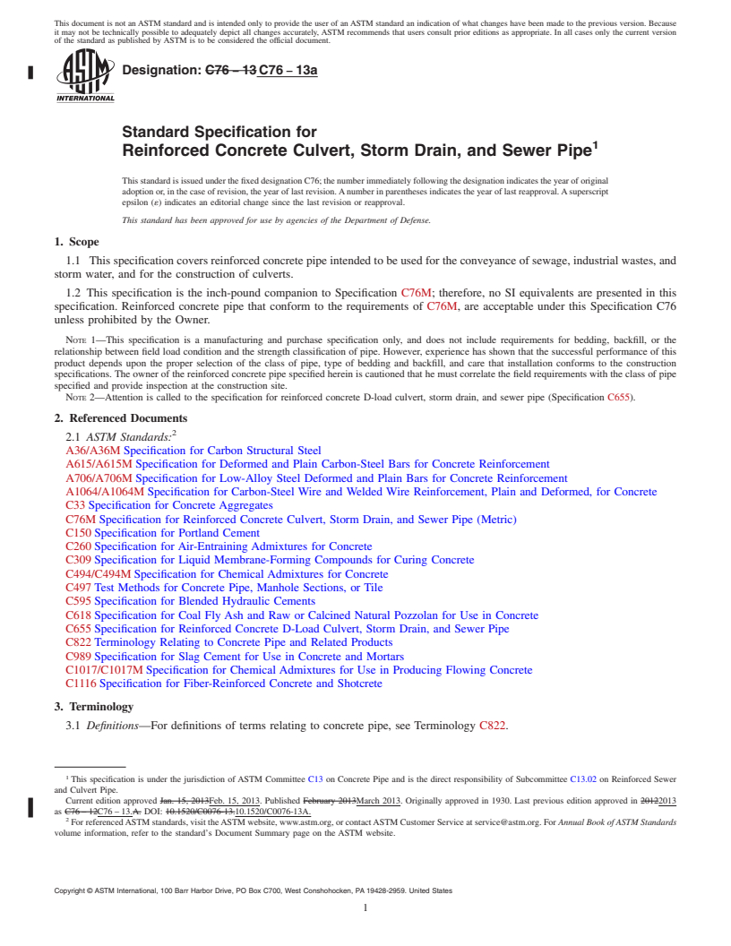 REDLINE ASTM C76-13a - Standard Specification for  Reinforced Concrete Culvert, Storm Drain, and Sewer Pipe