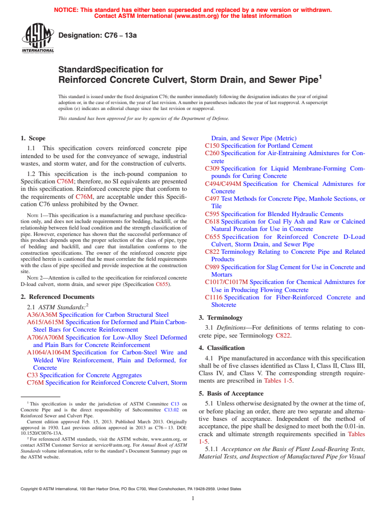 ASTM C76-13a - Standard Specification for  Reinforced Concrete Culvert, Storm Drain, and Sewer Pipe