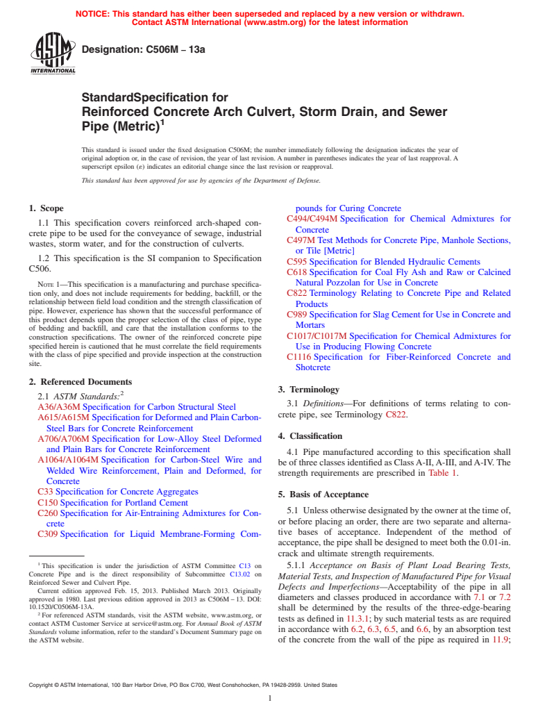 ASTM C506M-13a - Standard Specification for  Reinforced Concrete Arch Culvert, Storm Drain, and Sewer Pipe  (Metric)