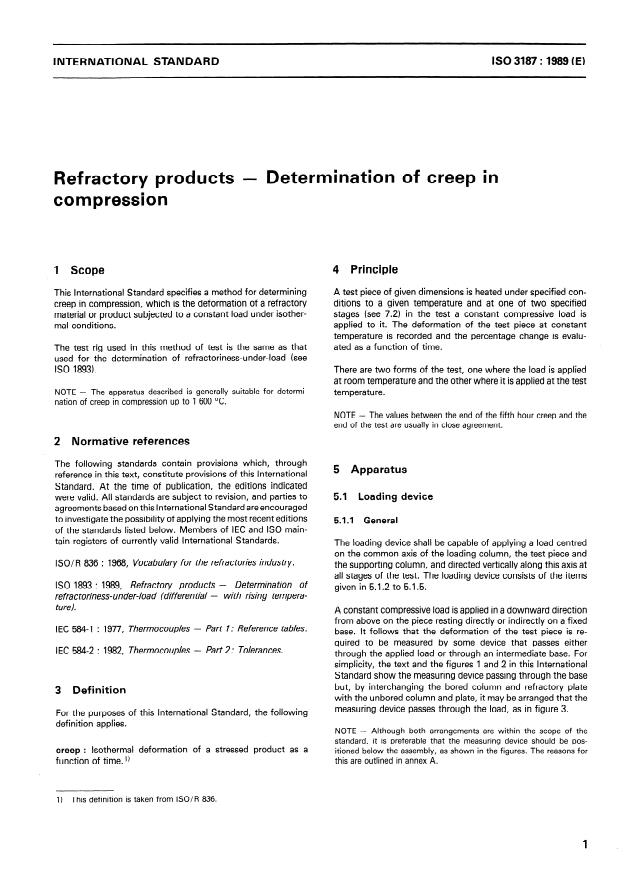 ISO 3187:1989 - Refractory products -- Determination of creep in compression