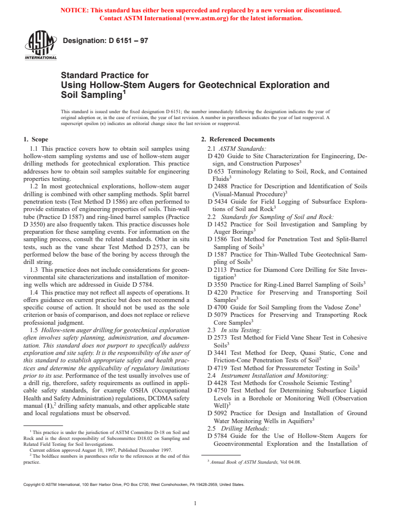 ASTM D6151-97 - Standard Practice for Using Hollow-Stem Augers for Geotechnical Exploration and Soil Sampling