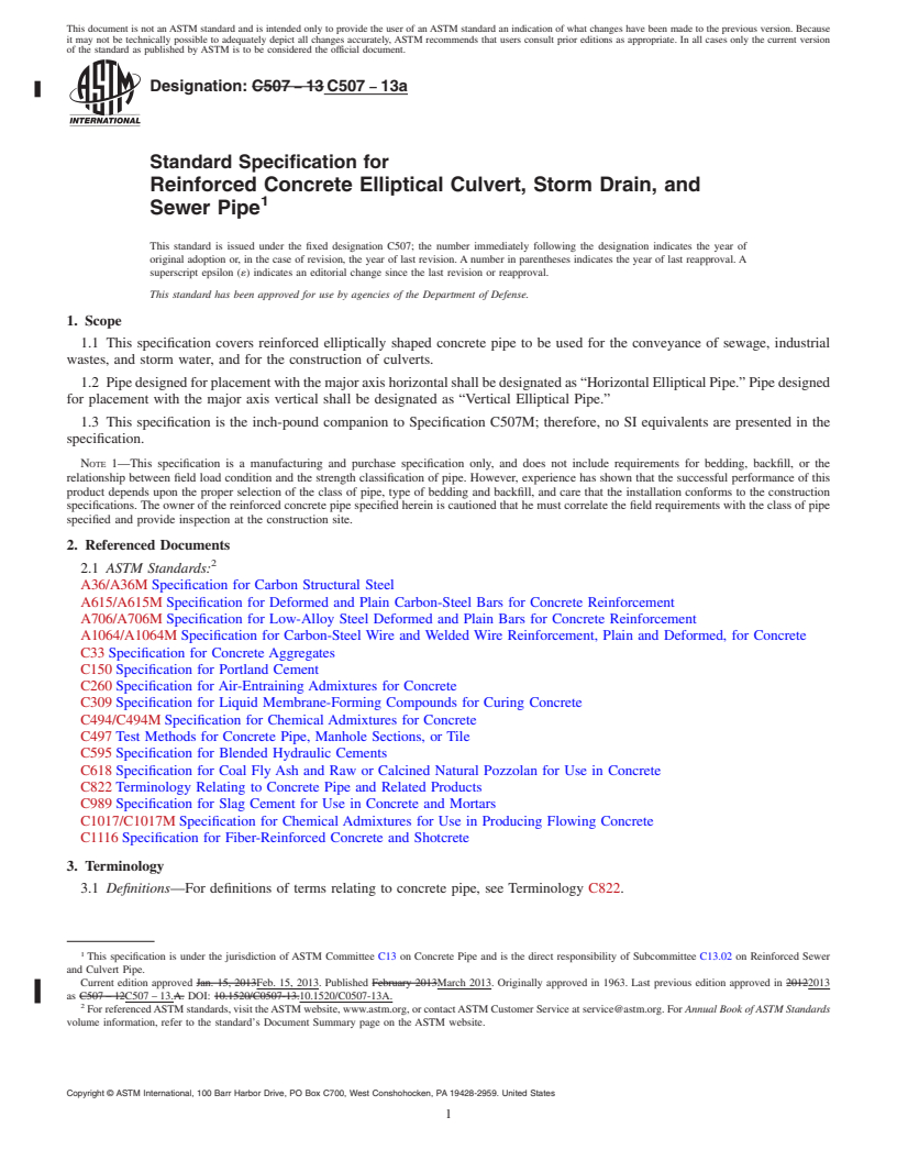 REDLINE ASTM C507-13a - Standard Specification for  Reinforced Concrete Elliptical Culvert, Storm Drain, and Sewer  Pipe