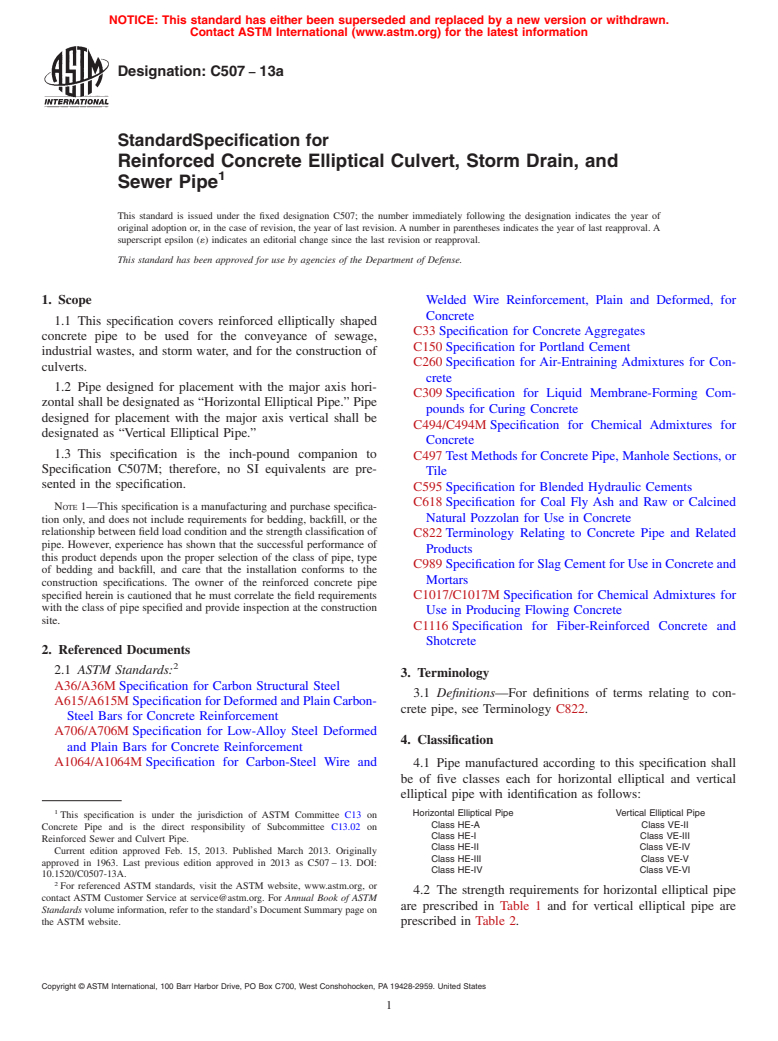 ASTM C507-13a - Standard Specification for  Reinforced Concrete Elliptical Culvert, Storm Drain, and Sewer  Pipe