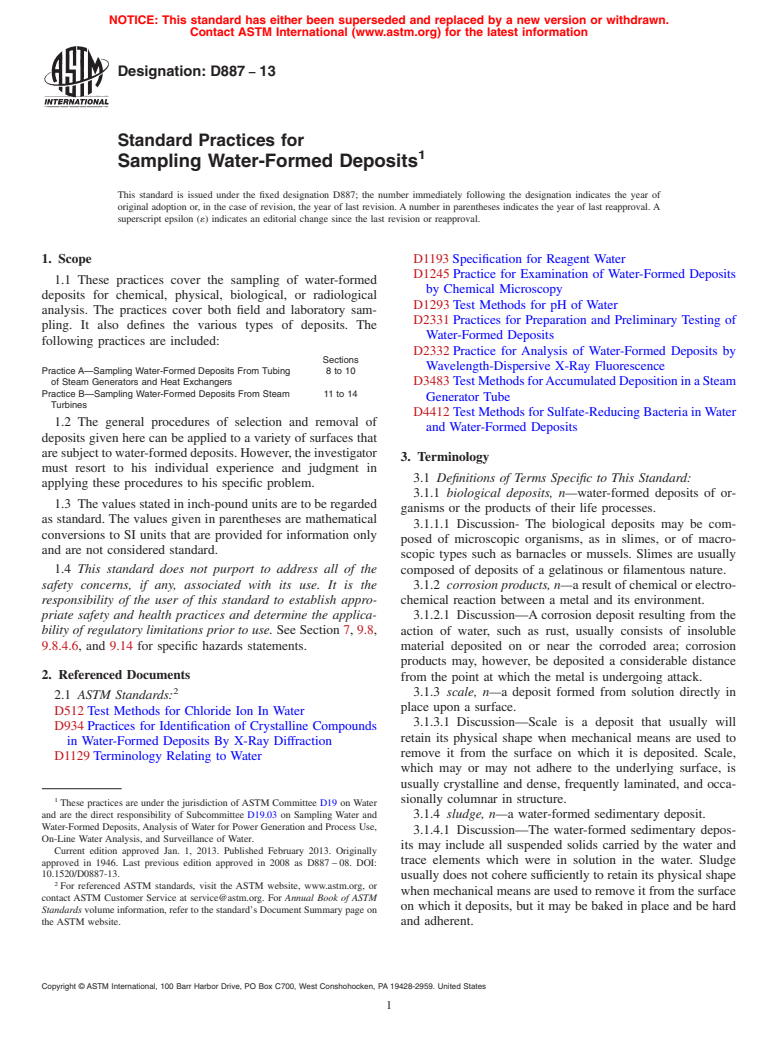 ASTM D887-13 - Standard Practices for  Sampling Water-Formed Deposits