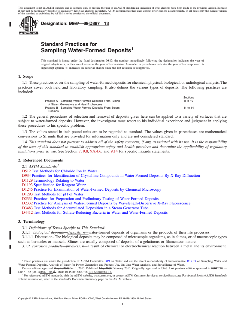 REDLINE ASTM D887-13 - Standard Practices for  Sampling Water-Formed Deposits