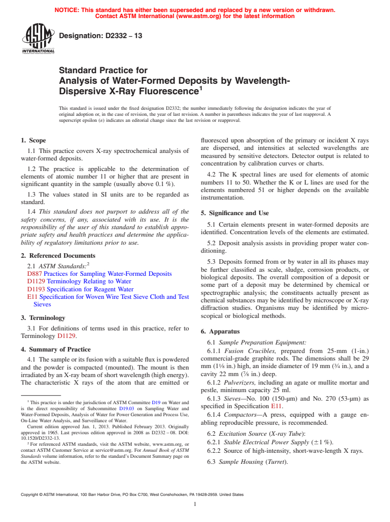 ASTM D233213 Standard Practice for Analysis of WaterFormed Deposits