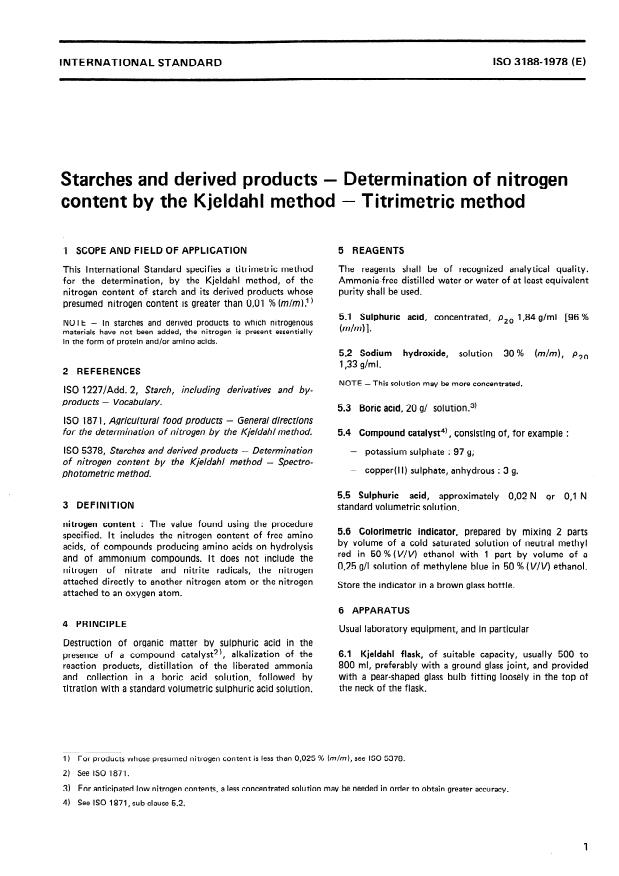 ISO 3188:1978 - Starches and derived products -- Determination of nitrogen content by the Kjeldahl method -- Titrimetric method