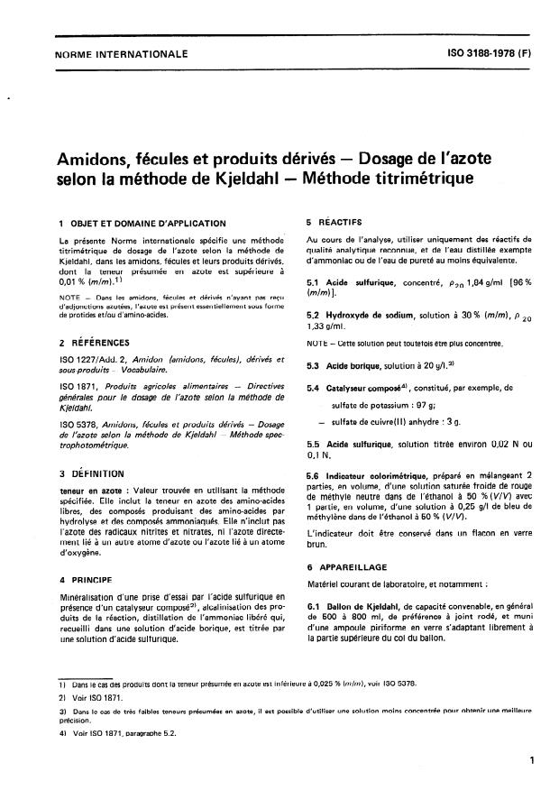 ISO 3188:1978 - Amidon, fécules et produits dérivés -- Dosage de l'azote selon la méthode de Kjeldahl -- Méthode titrimétrique