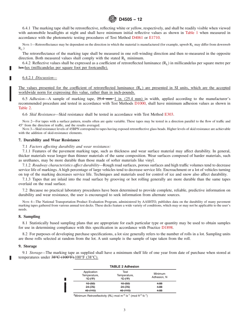 REDLINE ASTM D4505-12 - Standard Specification for  Preformed Retroreflective Pavement Marking Tape for Extended  Service Life