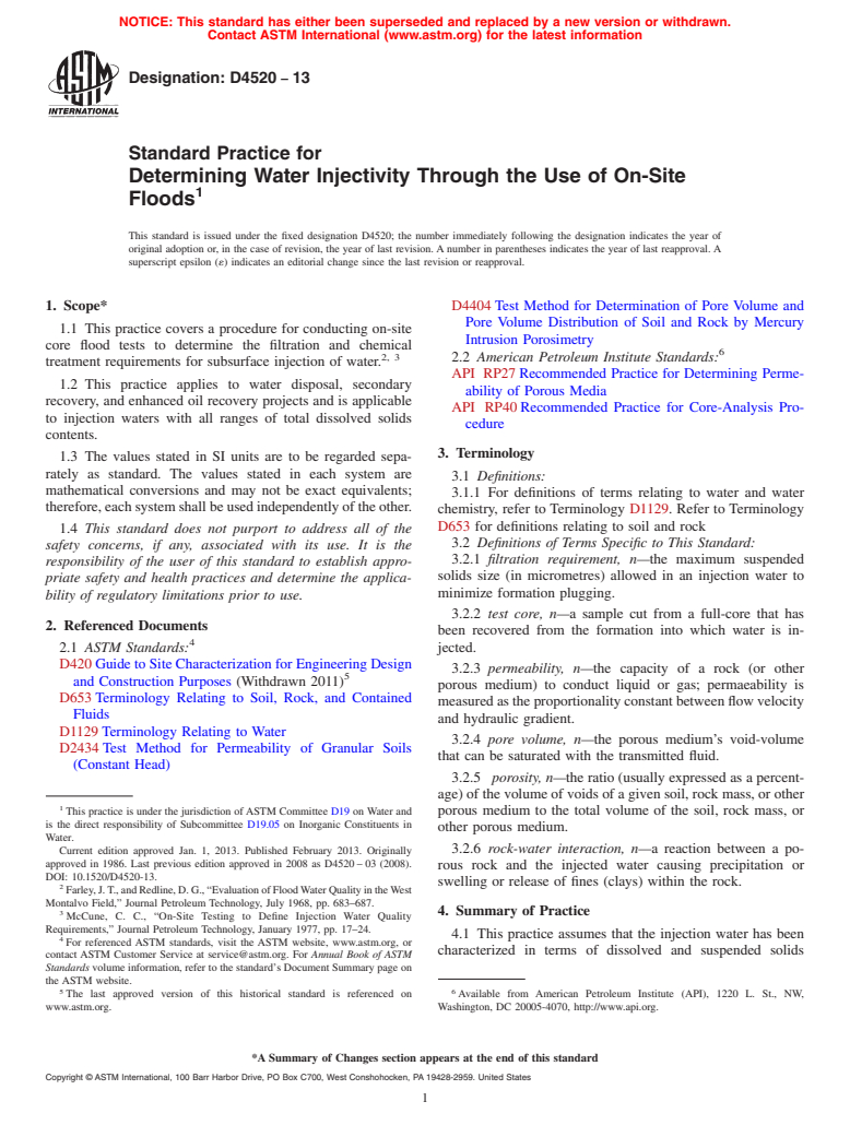 ASTM D4520-13 - Standard Practice for  Determining Water Injectivity Through the Use of On-Site Floods